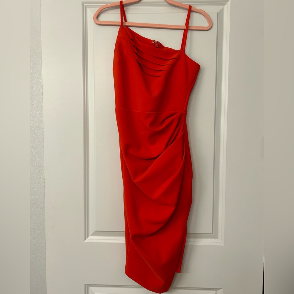 Lavish Alice asymmetric pleated midi dress coral red